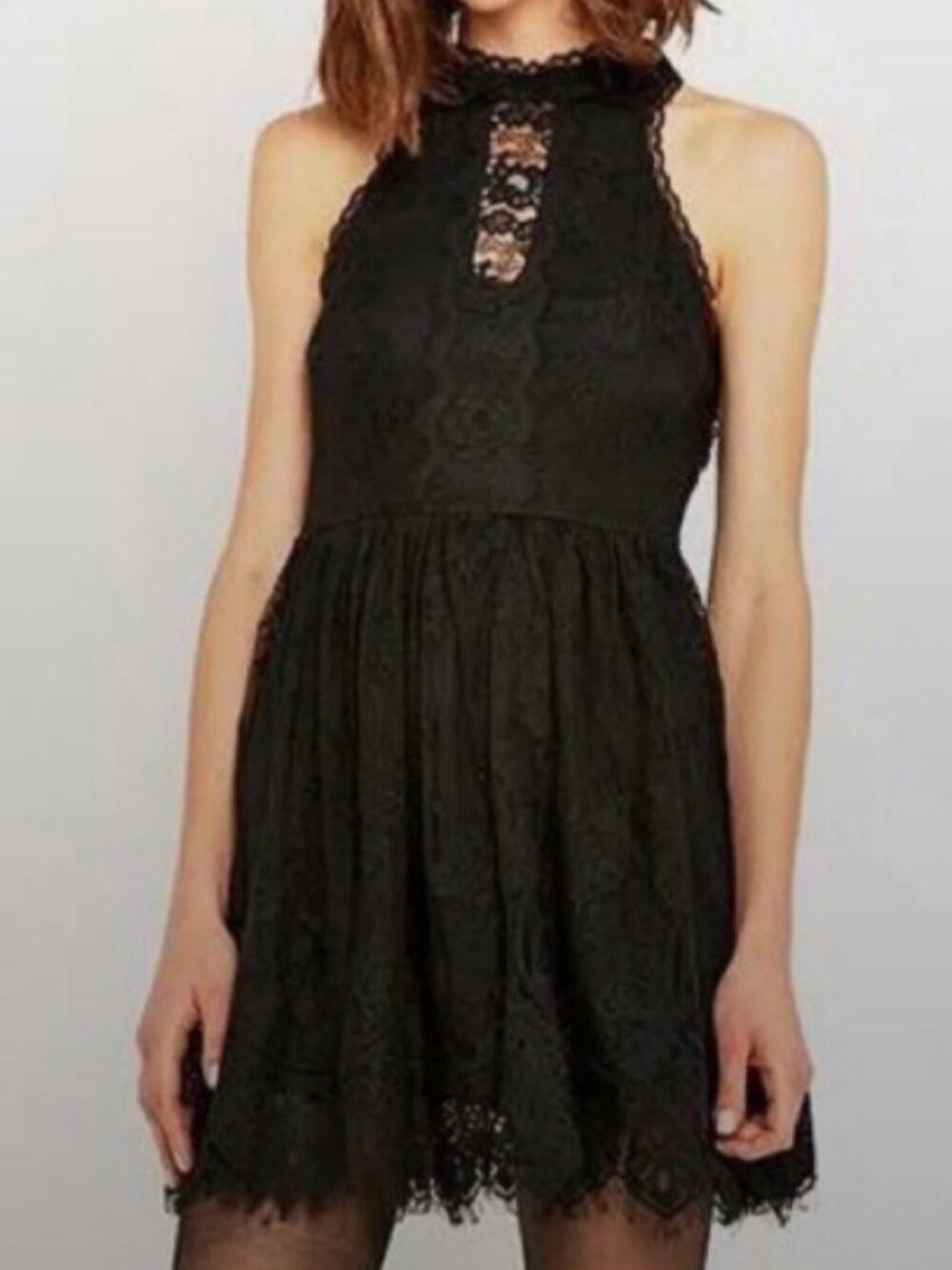 NEW -Free People Black Lace Halter Dress - High Neck Fit & Flare Mini I 4 Womens